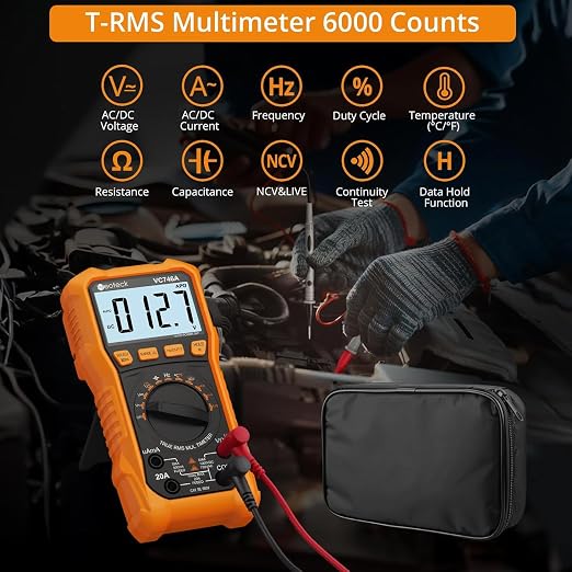 Neoteck 6000 Counts Digital Multimeter 750V AC 1000V DC with AC/DC Current Measurement TRMS Auto Range Voltmeter with NCV, CAT III 600V, Temp/Cap/Freq/Duty/Diode/Cont, Backlit+Flashlight, Complete Kit