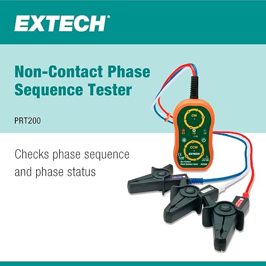 Extech PRT200 Non-Contact Phase Sequence Tester | Phase rotation (CW/CCW) and live-phase LEDs, 75-1000V AC, 45-65Hz, insulated alligator clips, magnetic back