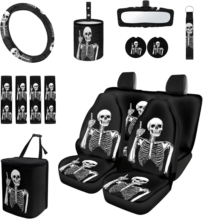 Finger Skull 15 PCS Car Seat Cover Full Set with Steering Wheel Cover Seat Belt Strap Pads Cup Coasters Trash Bag Rearview Mirror Cover Keychain Auto Interior Decor