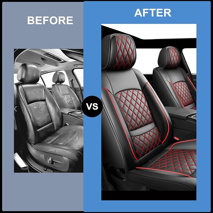 Fit Fusion Car Seat Covers for Ford Fusion 2007-2020 - Luxury Leather, Anti-Slip, All-Weather Seat Cushions, Waterproof & Breathable, Airbag Compatible, Full 5-Seat Set (Black&Red)