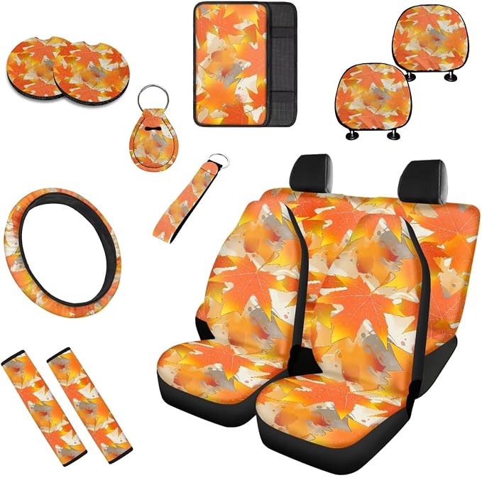 13 PCS Maple Leaf Car Seat Covers, Autumn Maple Leaves Auto Steering Wheel Cover & Seat Belt Covers, Thanksgiving Day Orange Gradient Cup Holder Coaster Keychain
