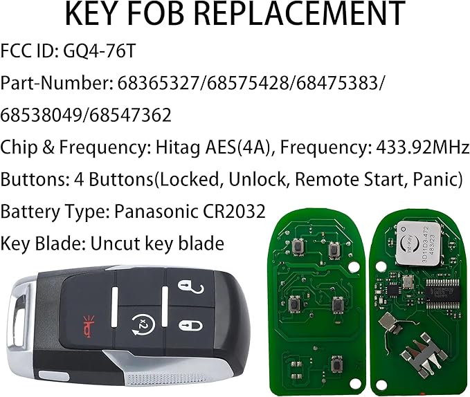 Smart Key for Dodge RAM 2019-2024, Alliskeys Vehicle Proximity Remote Control Key Fob Replacement for RAM 2500 3500 4500 5500 GQ4-76T 68365327