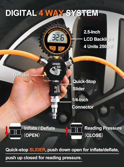 SAFELIFE 4 Tire Inflation/Deflation System, Inflate or Deflate All 4 Tires at Once, Rapid High-Flow Air Up Down Kit w/Inflator Hose & Digital Pressure Gauge for Truck, Car, Trailers & Motorcycles