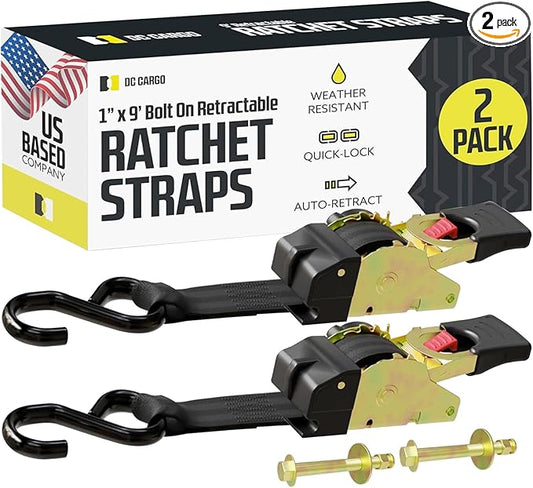 DC Cargo Mall Bolt-on Auto Retractable Ratchet Straps (2-Pack) 1” x 9ft, Heavy Duty, 1,200lb Break Strength – Tie Down Straps for Boat, Jet Ski, RZR, ATV