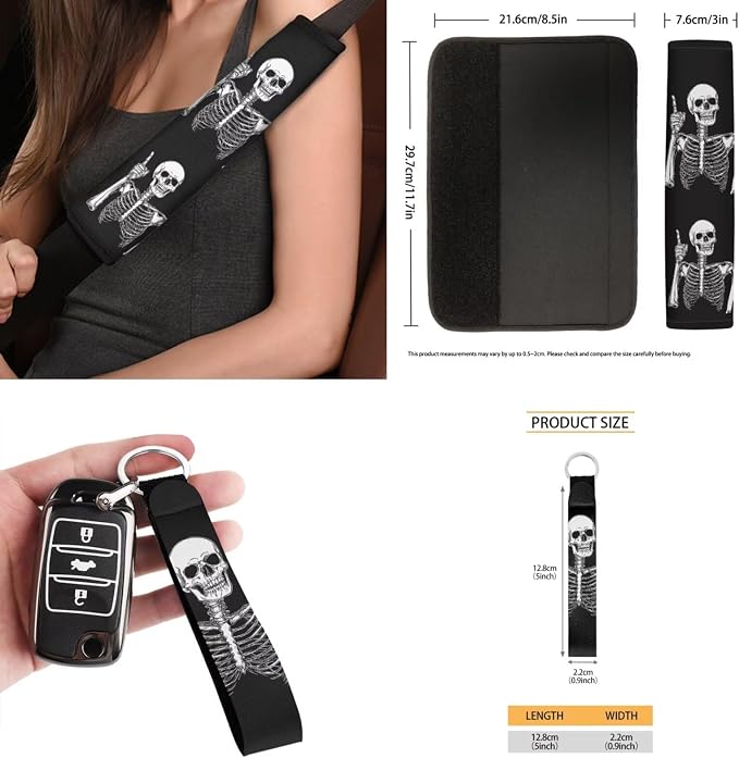 Finger Skull 15 PCS Car Seat Cover Full Set with Steering Wheel Cover Seat Belt Strap Pads Cup Coasters Trash Bag Rearview Mirror Cover Keychain Auto Interior Decor