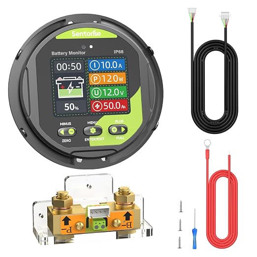 0-500A Battery Monitor with Shunt, 8-120V IP68 Waterproof LCD Screen with Buzzer Alarm for RV Solar Marine Off-Grid System, Capacity Percentage Time Power Voltmeter Display