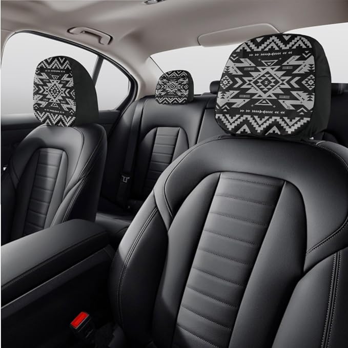 Wanyint Black Aztec Print Car Seat Cover for Women Men Full Set Steering Wheel Cover Shift Knob Handbrake Protector Coasters Head Rest Covers Universal Fit Most Cars SUV Sedan