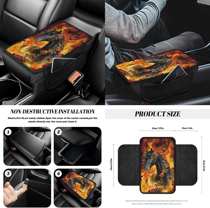 Horse Rose Print Car Interior Cover Set of 14 Fire Print Front and Rear Split Bench Seat Covers with Steering Wheel Cover Center Console Pad Safety Belt Pads for SUV Truck Sedan
