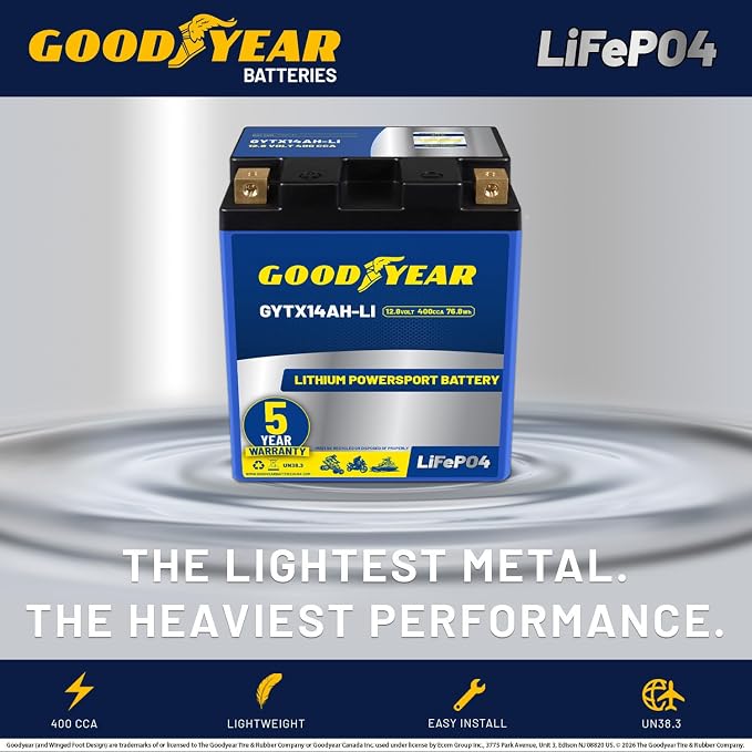 Goodyear GYTX14AH-LI Lithium LiFePO4 12.8V 400CCA Rechargeable High Performance Powersport Battery with Smart BMS Replacement for Motorcycle, ATV, UTV, Scooter, Watercraft, Jet Ski, and Snowmobile