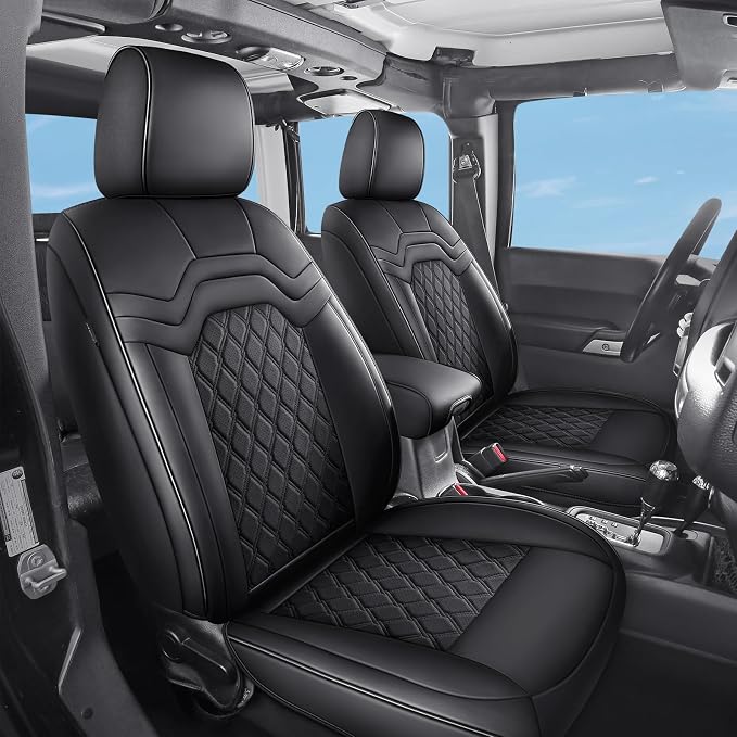 Huidasource Wrangler Seat Covers Fullset 2007-2017, Custom Fit Seat Cushion Cover for Jeep Wrangler Unlimited Rubicon Sahara Sport Leather High Altitude Willys, Airbag Compatible (Full Set/Black)