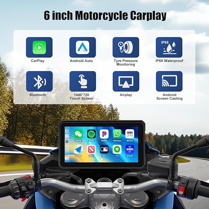 SIXWIN Wireless Motorcycle CarPlay Android Auto 6 Inch Car Play Moto Support TPMS Bluetooth IP68 Waterproof for Motorbike GPS Navigation,Siri,Google Assistant