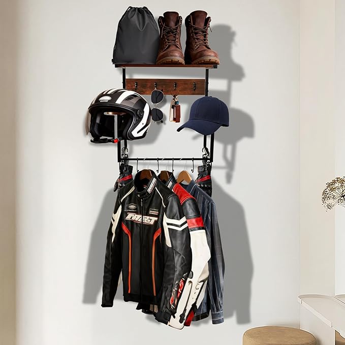 NANXITU Motorcycle Helmet Holder Wall Mount, Wooden Helmet Display Stands with Metal Frame Tiered Organizer,with 2 Helmet Rack,4 Glove Chips and 8 Hooks for Motorcycle Gear Accessories Storage