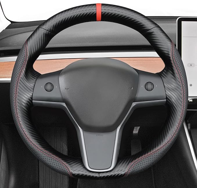 MEWANT Hand Stitch Faux Leather PU Carbon Fiber Steering Wheel Cover Wrap for Tesla Model Y 2023 Tesla Model 3 2020