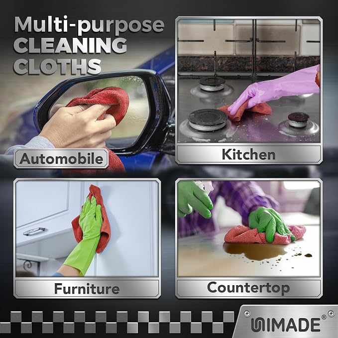 UNIMADE Microfiber Cleaning Cloth, 24 Pack Reusable Microfiber Towels for Cars Lint Free Cleaning Shop Towel Rags for Home Kitchen Automotive Bar Mechanic Restaurant Garage, 11"x 12", Red