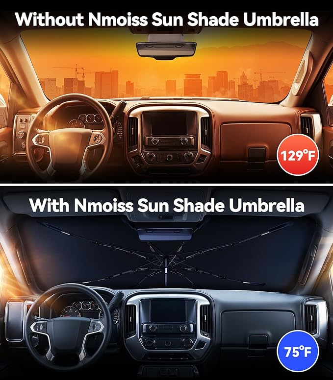 [2026 Upgraded] Nmoiss Windshield Sun Shade Umbrella for Silverado - [Vinyl Coating Heat Shield] Protect Car from Sun Rays & Heat Damage Keep Cool and Protect Interior, Spring Structure Edge