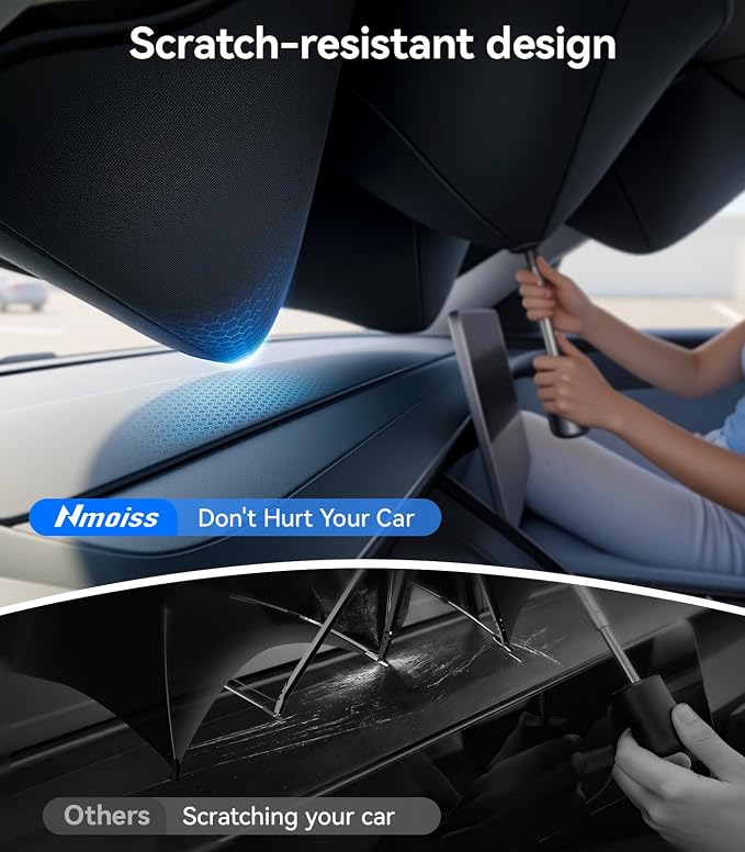 Nmoiss True Dual Layer Air Cooled Windshield Sun Shade Umbrella - [Drive to Superior Coolness & Comfort] Block 99% UV Sun Rays & Heat Damage Keep Cool and Protect Interior S