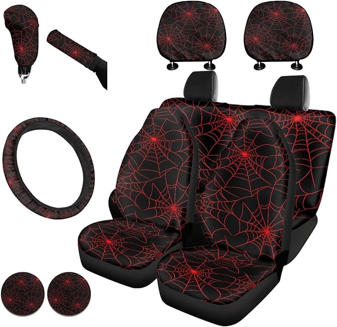 KEIAHUAN Red Spider Web Car Seat Cover Set 11 Pieces Full Set with Car Shift Gear Stick Hand Brake Cover Steering Wheel Cover Headrest Cover Coaster Pad Halloween Decoration
