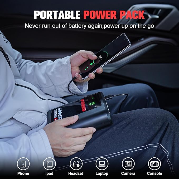 GOOLOO A2 8-in-1 Jump Starter with Air Compressor, Car Battery Booster (Up to 8L Gas/6L Diesel) 150 PSI Cordless Auto-Shutoff Tire Inflator, 12V Supersafe Lithium Jump Box with Jumper Cables
