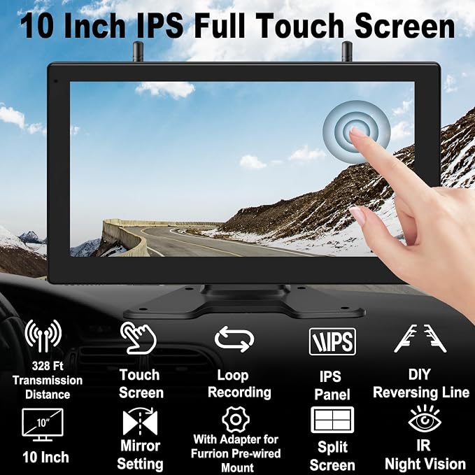 10" Wireless Backup Camera System for RV/Truck/Trailer, 4-Channel IPS Touch Screen Monitor, Dual HD 1080P IP69K Waterproof Cameras, IR Night Vision, Easy Installation for Camper & Trailer