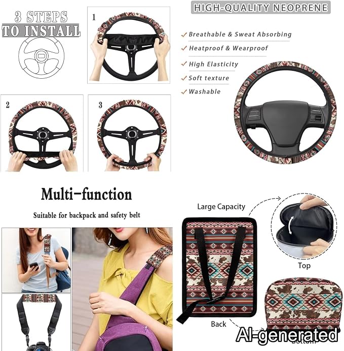 Dreaweet Aztec Brown Cow Seat Covers for Cars Full Set Native American Tribal Car Accessories Steering Wheel Cover Seat Belt Pads Coasters Trash Bag Air Vent Storage Bag Rearview Mirror Cover Keychain