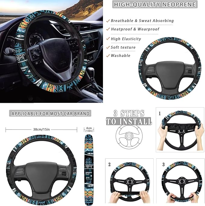 Dreaweet Car Seat Covers Full Set with Steering Wheel Cover Armrest Pad Covers Seat Belt Pads Cup Holders Handbrake Cover Set of 12 Aztec Cactus Car Accessories Interior Universal for SUV Trucks Sedan