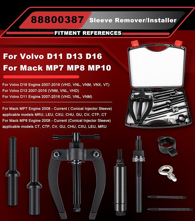 Injector Sleeve Cup Nozzle Tube Remover and Installer Tool Kit Compatible with Volvo D11 D13 D16 FM12, Mack Truck MP7 MP8 MP10 Engines, Replce OEM 9986174 88800387 88800196