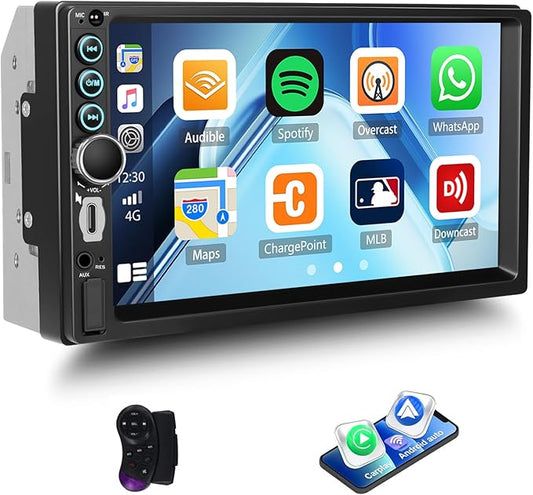 7 Inch Double Din Car Stereo with Wireless Carplay Android Auto Car Audio Receivers, Car Radio with Mirror Link, Bluetooth, SWC, FM, EQ, USB/Type C Charge 7 Color Light