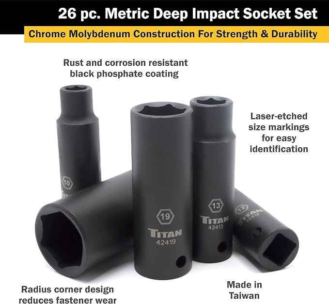 Titan 42406 26-Piece 1/2" Drive Metric Deep Impact Socket Set