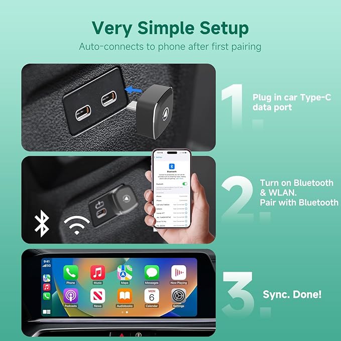M1-C Wireless CarPlay Android Auto Adapter, Native USB-C Direct Plug, 2-in-1 Wired to Wireless Dongle, No Adapter Needed, Mini Cable-Free Design, Aluminum Alloy & Glass for USB-C Port Cars