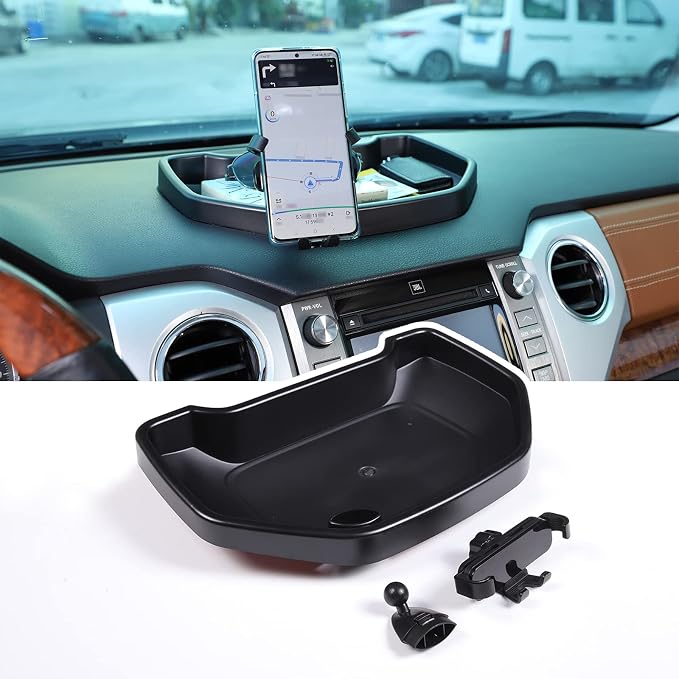 Black ABS Car Center Console Dash Table Storage Tray Fit for Toyota Tundra 2014-2021 Instrument Organizer Vertical Placement Phone Holder Cradle Accessories(with Mobile Phone Holder(B))