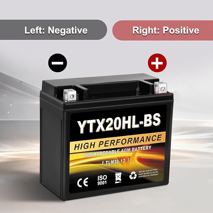 YTX20HL-BS 12V 20Ah AGM Sealed Motorcycle Battery, Maintenance-Free, Compatible with Harley Davidson, Honda, ATV, UTV, Snowmobile Replacement