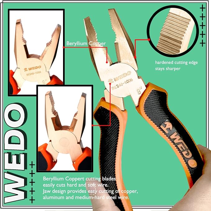 WEDO Non-Sparking Lineman's Pliers 10", Spark-free Safety Side Cutters, Combination Pliers, Wire Stripper, Crimper, DIN Standard, BAM & FM Certificate, Beryllium Copper