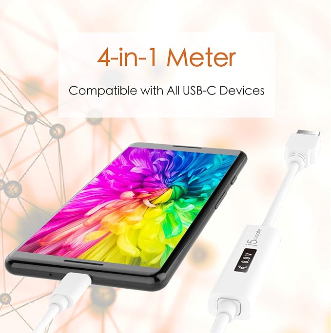 j5create USB to USB C Cable 4ft USB-A 2.0 to USB Type C with OLED Digital Dynamic Power Meter | 60W/3A/480 Mbps Max Fast Charger Cord with Power Delivery 2.0 for Cell Phone, Tablet, Game Console