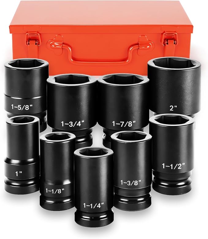 1" Drive Jumbo Impact Socket Set,9 PCS SAE (1",1-1/8",1-1/4",1-3/8",1-1/2",1-5/8",1-3/4",1-7/8",2") Universal Hex Deep Socket Combination,CR-MO Alloy Steel,Heavy Duty Storage Case