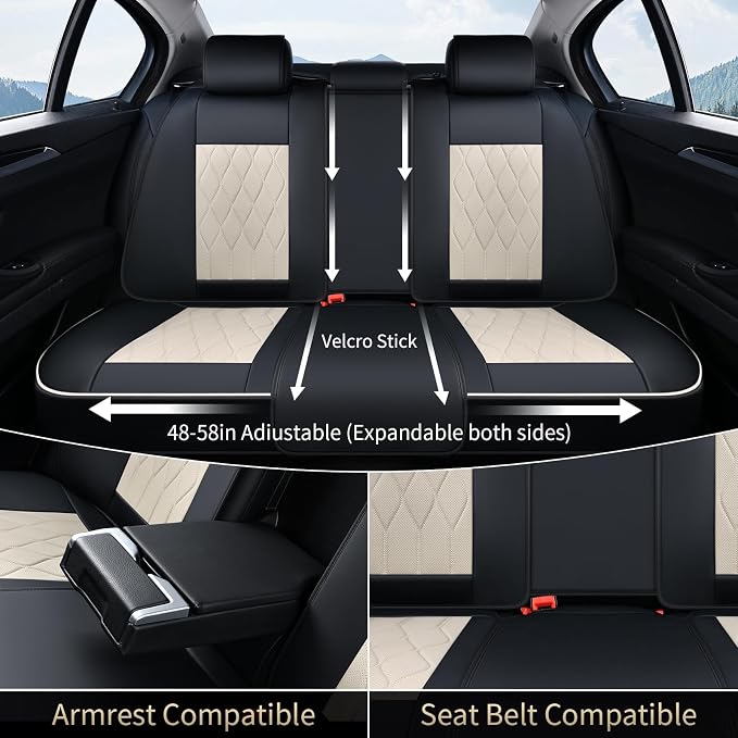 FLORICH Car Seat Covers Front and Rear Seat Cover for Car Luxury Faux Leather Automotive Seat Covers Full Set Universal Car Seat Protector 5 Seats Fit for Most Cars Sedans Trucks SUV, Black&Beige