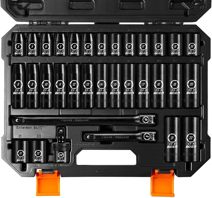 BOEN 38 Piece Impact Socket Set and Adapter Set, Standard SAE, 1/4", 3/8", 1/2" Impact Driver Conversions, Deep & Shallow Metric Socket Set 8mm to 22mm, Includes 5", 10" Extension Bars, Universal Join