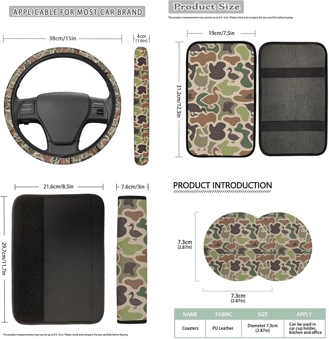 Bulopur Duck Hunting Camo Car Seat Covers Front and Backseat with Matching Steering Wheel Cover 15 Inch Center Console Pads Vehicle Seat Headrest Covers Keychain Automotive Interior Accessories Set