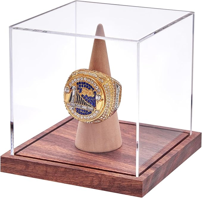 LITY Championship Ring Display Case, No Assembly Required Clear Acrylic Single Ring Holder with Wooden Stand Base for Sports Baseball Fan UV Protection(1 Pack)