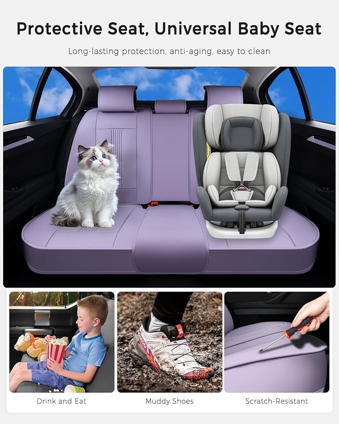 Huidasource Purple Back Seat Cover, Nappa Leather Rear Seat Cover with Ventilation Holes, Velcro Adjustable, Compatible with Seat Belts, Child Safety Seats, for Most Cars SUV Truck, Purple