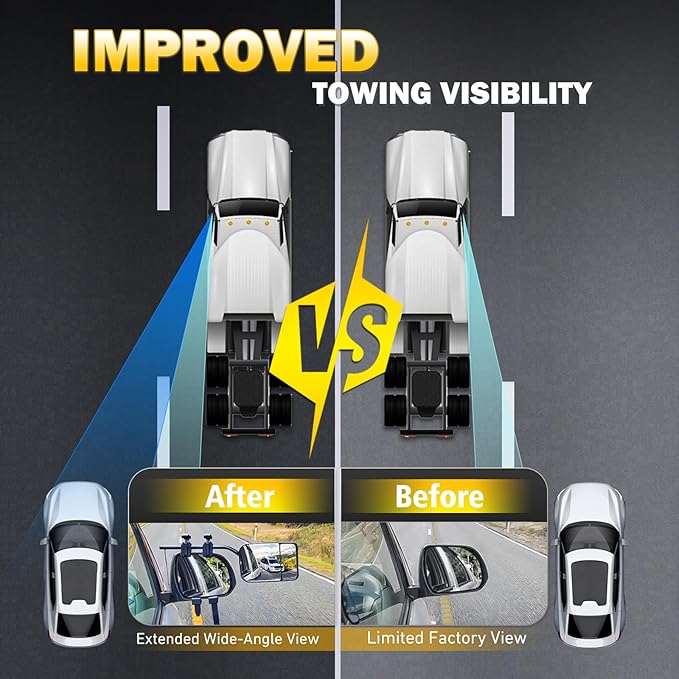 Universal Clip on Towing Mirrors Extensions for Towing, 360 Degree Adjustable Rotation Side Mirror Extenders for Towing, Convex Rearview Mirror, Tow Mirrors for Car Truck Trailer RV SUV, 2 Pack