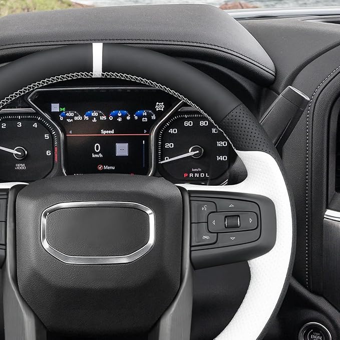 MEWANT DIY Stitched White Leather Steering Wheel Wrap Cover for GMC Sierra 1500 2019-2023 / Sierra 1500 Limited 2022 / Sierra 2500 2020-2024 / Sierra 3500 2020-2024 / Yukon (XL) 2021-2023 Accessories