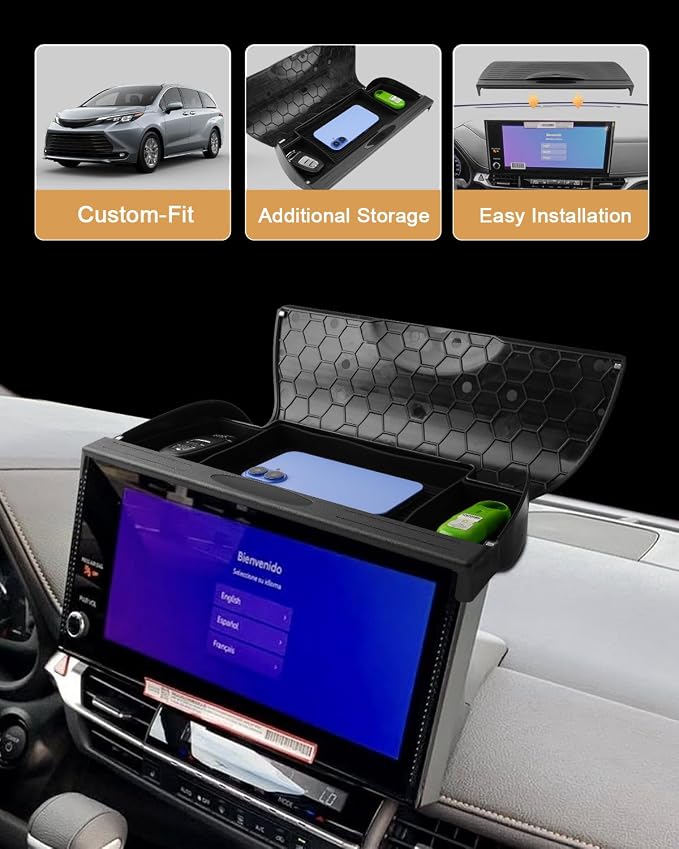 ECOZEN 2026 Sienna Dash Organizer Tray - Upgraded Flip-Top Behind Screen Organizer For 2025-2026 Sienna(XLE/XSE/Woodland Edition/Limited/Platinum) Accessories - Dashboard Storage Behind Screen Tray