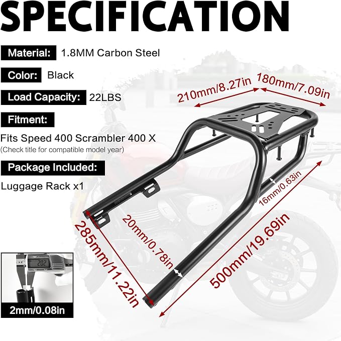 Luggage Rack for Speed 400 Scrambler 400 X 2024-2026 Rear Cargo Carrier | Motorcycle Rear Support Shelf Mounting Rack Grab Handle Bar High-Temp Powder Coating
