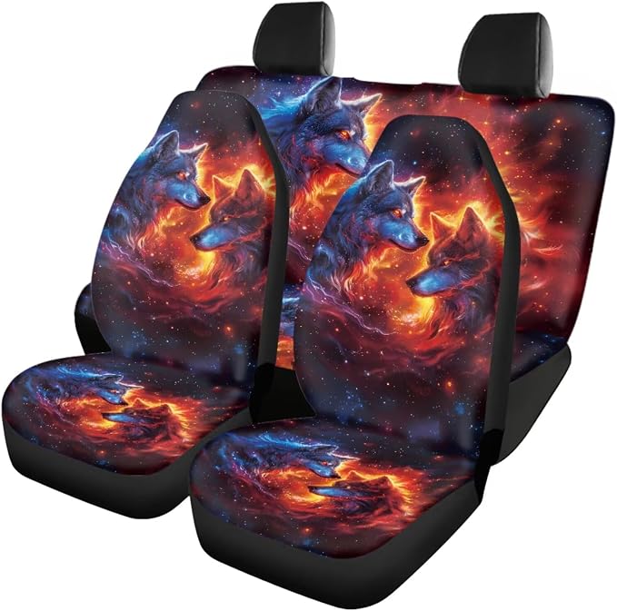18 Pcs Flame Wolf Print Car Seat Covers Full Set Car Accessories Set Auto Steering Wheel Cover Floor Mats Armrest Pad Covers Seat Belt Pads Handle Wraps Cup Coaster Keychain