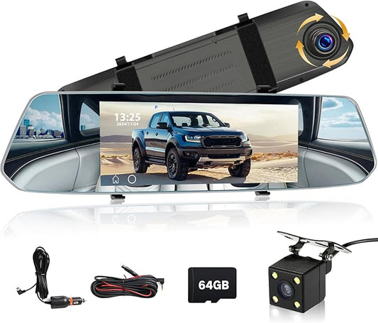 Podofo Mirror Dash Cam for Cars,7" Rear View Mirror 1080P Front and Rear View Dual Cameras,Super Night Vision,Parking Assistance,Loop Recording,Motion Detection,Waterproof Backup Camera for Cars+64G
