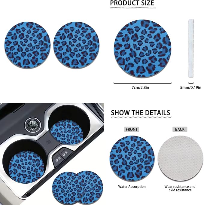 Howilath Blue Leopard Print Car Seat Cover Full Set with Steering Wheel Covers+Seat Belt Cover Pad+Keychains+Cup Coasters Fit Most Vehicle - 13 Piece