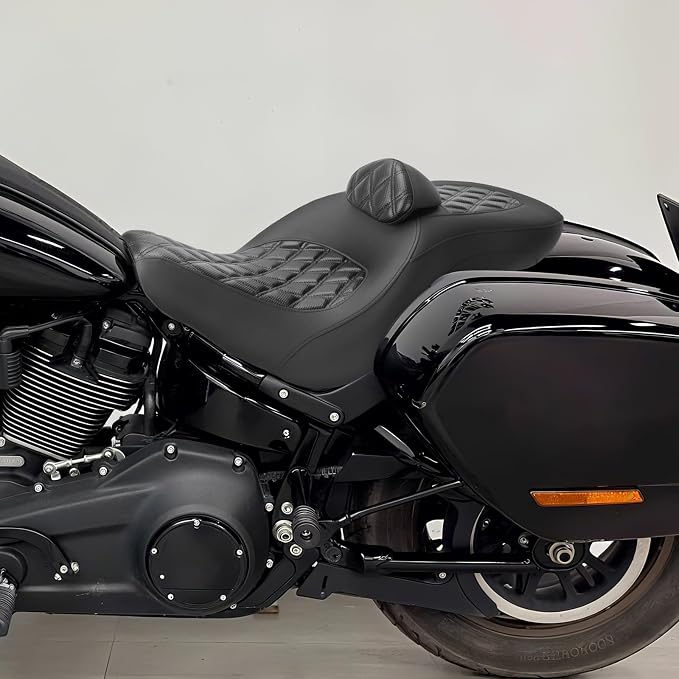 Motorcycle One-piece Seat Driver& Passenger Seat Fit for Harley Softail Low Rider FXLR FXLRS FXLRST 2018-later (#2 Seat w/Pad-Rhombus)