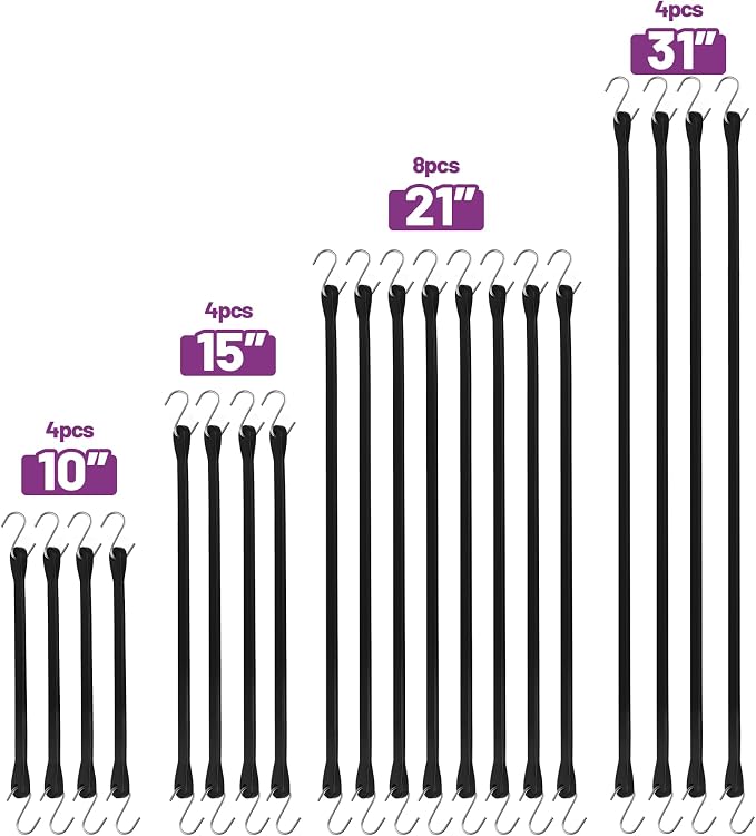 Bungee Cords with Hooks (20 Pack) – 10", 15", 21", 31" Heavy Duty EPDM Rubber Tarp Straps, Max Stretch 2X, Load 180+ LBS, Crimped S Hooks for Cargo, Trucks, Camping, Outdoor Use