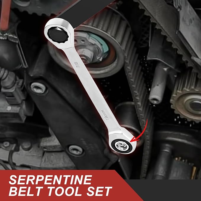 Universal Ratcheting Serpentine Belt Tool Set, 15-Piece Professional Belt Tensioner Tool Kit with Ratcheting Wrench, Crowfoot Wrenches and Sockets