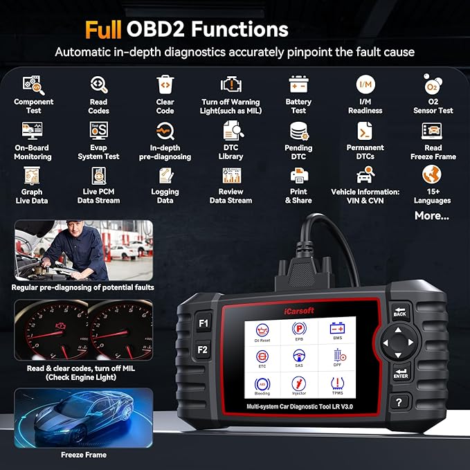 iCarsoft LR V3.0-D OBD2 Scanner for Land Rover & Jaguar Vehicles Auto VIN, Full-System Diagnosis, 35+ Resets, ABS/SRS/Transmission Code Reader, Bidirectional Control & Live Data Graphs‌